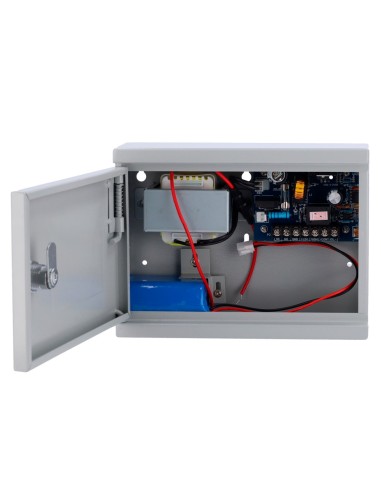 ALIMENTADOR PARA CONTROL DE ACCESO - CONFIGURABLE NO/NC - SALIDA DC 13.5V / 2A - CAJA DE METAL CON CERRADURA - BATERÍA AUXILIAR