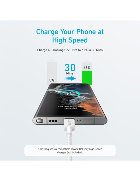 ANKER - CABLE USB2.0  - USB-C A USB-C - CABLE DE NYLON TRENZADO - LONGITUD 1.8M - CARGA RÁPIDA 60W | COLOR BLANCO