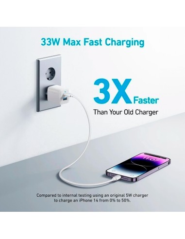 ANKER - USB CHARGER - POWER 33W - FAST CHARGING  - USB-C, USB-A OUTPUTS - WHITE COLOUR