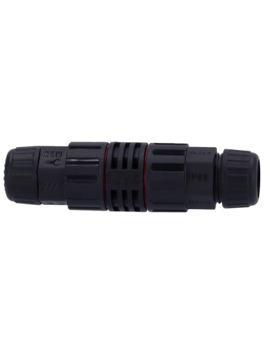 CONECTOR CON RACOR INDUSTRIAL - CONECTOR ENTRADA RJ45  - CONECTOR SALIDA RJ45 - COMPATIBLE UTP CAT 6 - IP68 - COLOR NEGRO