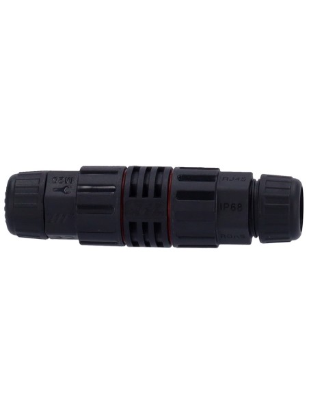 CONECTOR CON RACOR INDUSTRIAL - CONECTOR ENTRADA RJ45  - CONECTOR SALIDA RJ45 - COMPATIBLE UTP CAT 6 - IP68 - COLOR NEGRO