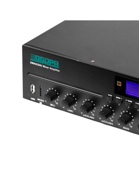 MINI MEZCLADOR DIGITAL - AMPLIFICADOR 100V - REPRODUCTOR USB / RADIO FM / BLUTOOTH - POTENCIA NOMINAL 250W - HASTA 6 ZONAS - SOP