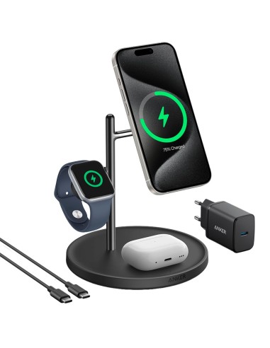 CARGADOR INALÁMBRICO 3 EN 1 ANKER - TECNOLOGÍA MAGGO - CARGA RÁPIDA: IPHONE, AIRPODS, APPLE WATCH - CARGA 3 DISPOSITIVOS A LA VE