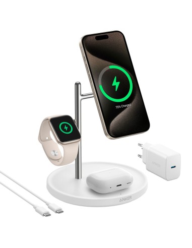 CARGADOR INALÁMBRICO 3 EN 1 ANKER - TECNOLOGÍA MAGGO - CARGA RÁPIDA: IPHONE, AIRPODS, APPLE WATCH - CARGA 3 DISPOSITIVOS A LA VE