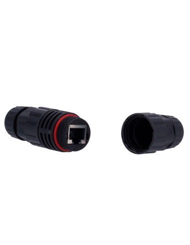 CONECTOR CON RACOR INDUSTRIAL - CONECTOR ENTRADA RJ45  - CONECTOR SALIDA RJ45 - COMPATIBLE UTP CAT 6 - IP68 - COLOR NEGRO