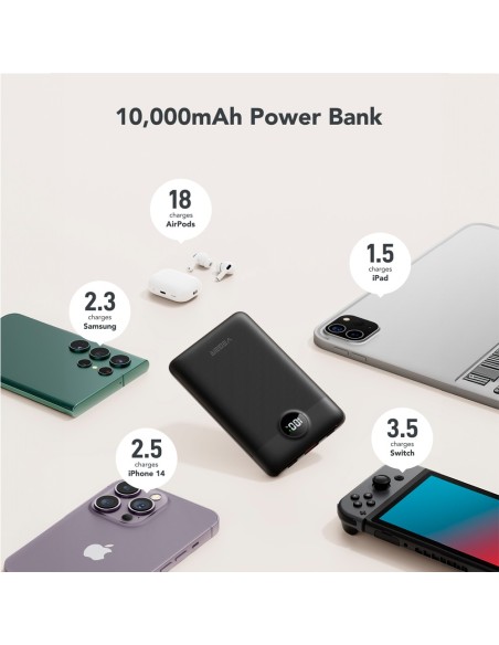 VEGER POWER BANK CON PANTALLA LCD - CAPACIDAD 10000MAH - ENTRADAS LIGHTNING, USB-C, CABLE USB-C - SALIDAS USB-A, USB-C Y CABLES