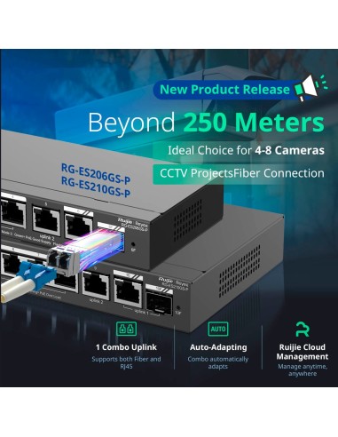 REYEE SWITCH POE CLOUD GESTIONABLE - 8 PUERTOS POE + 2 UPLINK RJ45 + 1 SFP COMBO - VELOCIDAD DE PUERTOS 10/100/1000 MBPS - 30W P