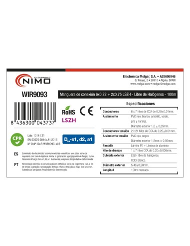 MANGUERA PARA ALARMA Y PORTERO 6+2 CABLES LSZH Y CPR, 100M WIR9093