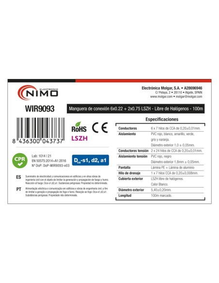 MANGUERA PARA ALARMA Y PORTERO 6+2 CABLES LSZH Y CPR, 100M WIR9093