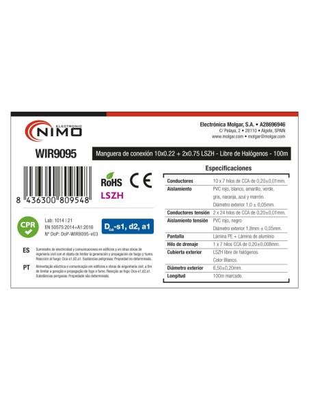 MANGUERA PARA ALARMA Y PORTERO 10+2 CABLES LSZH Y CPR, 100M WIR9095