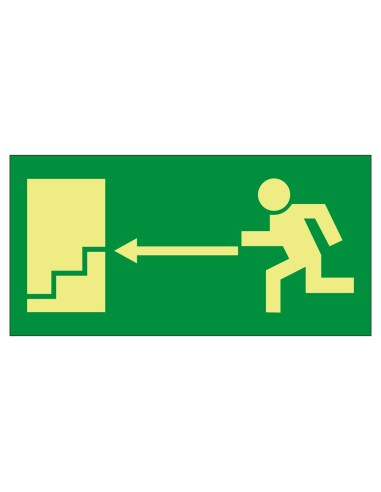 CARTEL DE SEÑALIZACIÓN - SALIDAS Y RECORRIDOS DE EVACUACIÓN - EVACUACIÓN SALIDA DESCENDENTE IZQUIERDA - COLORES FOTOLUMINISCENTE
