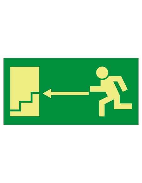 CARTEL DE SEÑALIZACIÓN - SALIDAS Y RECORRIDOS DE EVACUACIÓN - EVACUACIÓN SALIDA DESCENDENTE IZQUIERDA - COLORES FOTOLUMINISCENTE