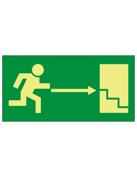CARTEL DE SEÑALIZACIÓN - SALIDAS Y RECORRIDOS DE EVACUACIÓN - EVACUACIÓN SALIDA DESCENDENTE DERECHA - COLORES FOTOLUMINISCENTES