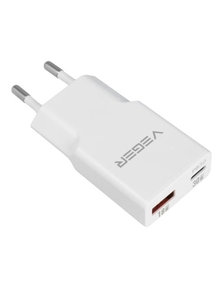 VEGER - USB CHARGER QC3.0 / PD3.0 - POWER 30W - LOADS 2 DEVICES AT A TIME - OUTPUTS USB-A, USB-C  - WHITE COLOUR