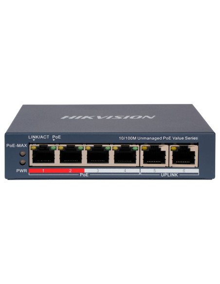 SWITCH DE SOBREMESA HIKVISION - 4 PUERTOS POE + 2 PUERTO UPLINK (RJ45) - VELOCIDAD 10/100 MBPS - HASTA 45W EN TOTAL PARA TODOS L