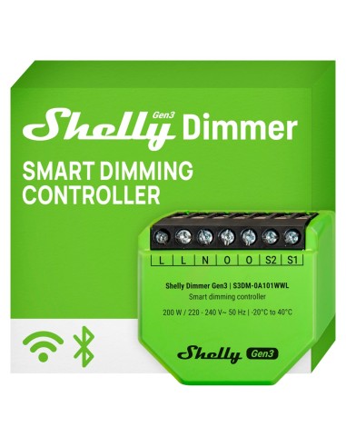 SHELLY DIMMER GEN 3 - WIFI 2.4 GHZ IEEE802.11 B/G/N / BLUETOOTH - REGULADOR INTENSIDAD DE LUZ - SOPORTA 110-230 V - FUNCIONA CON