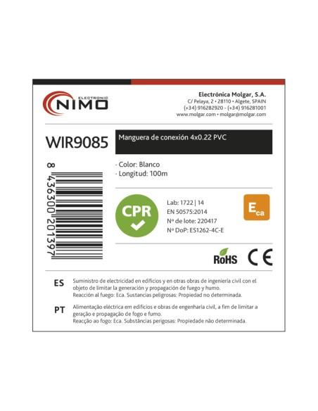 MANGUERA PARA ALARMA Y PORTERO 4 CABLES CON CPR, 100M WIR9085