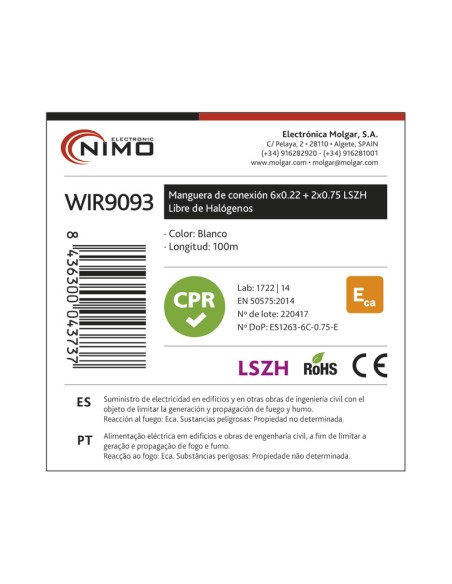 MANGUERA PARA ALARMA Y PORTERO 6+2 CABLES LSZH Y CPR, 100M WIR9093