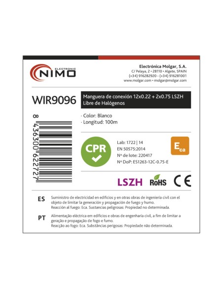 MANGUERA PARA ALARMA Y PORTERO 12+2 CABLES LSZH Y CPR, 100M WIR9096