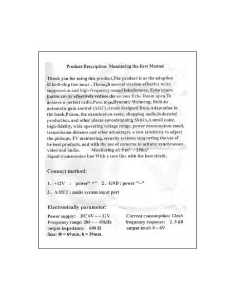 MICRÓFONO EXTERNO - ALTA SENSIBILIDAD - CONECTOR EN TERMINAL INTERIOR - +DC/GND/AUDIO - ALIMENTACIÓN DC6V~12V - DISEÑO ESTÉTICO