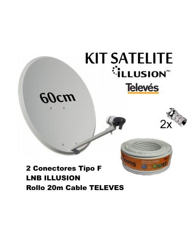 Kit Antena PARABOLICA 60cm Marca Tecnovoz+ Rollo 20m TELEVES + LNB Illusion