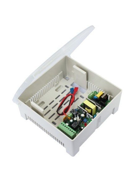 ALIMENTADOR PARA CONTROL DE ACCESO - CONFIGURABLE NO/NC - SALIDA DC 13.5V / 3A - CAJA DE PLÁSTICO - APTO PARA BATERÍA AUXILIAR 1