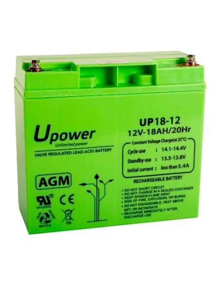 UPOWER - BATERÍA RECARGABLE - TECNOLOGÍA PLOMO ÁCIDO AGM - VOLTAJE 12 V - CAPACIDAD 18.0 AH - 167.5 X 181.5 X 77 / 5700 G - PARA