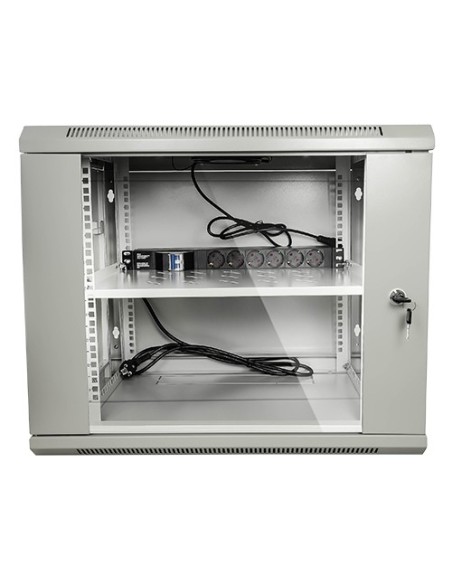 ARMARIO RACK PARA PARED - HASTA 9U RACK DE 19&QUOT; - HASTA 100 KG DE CARGA - CON VENTILACIÓN Y PASACABLES - VENTILADOR, BANDEJA
