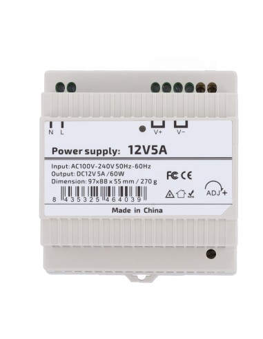 FUENTE DE ALIMENTACIÓN  - SALIDA DC 12 V 5 A / 60 W - VOLTAJE ENTRADA AC 100V ~ 240V 50HZ-60HZ -  97 (FO) X 55 (AL) X 88 (AN) MM