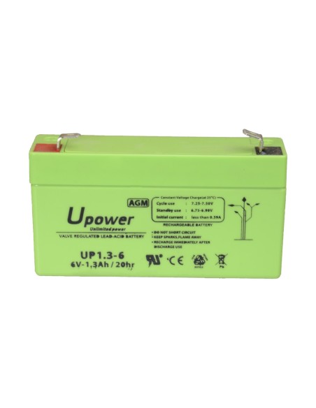UPOWER - BATERÍA RECARGABLE - TECNOLOGÍA PLOMO ÁCIDO AGM - VOLTAJE 6 V - CAPACIDAD 1.3 AH - 97 X 57.5 X 24 / 290 G - PARA RESPAL