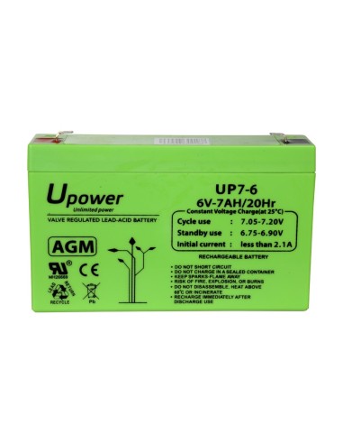 UPOWER - BATERÍA RECARGABLE - TECNOLOGÍA PLOMO ÁCIDO AGM - VOLTAJE 6 V - CAPACIDAD 7.0 AH - 100 X 151 X 34 / 1150 G - PARA RESPA