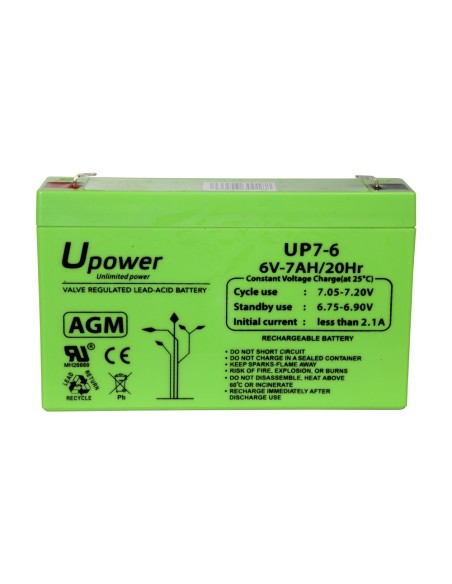 UPOWER - BATERÍA RECARGABLE - TECNOLOGÍA PLOMO ÁCIDO AGM - VOLTAJE 6 V - CAPACIDAD 7.0 AH - 100 X 151 X 34 / 1150 G - PARA RESPA