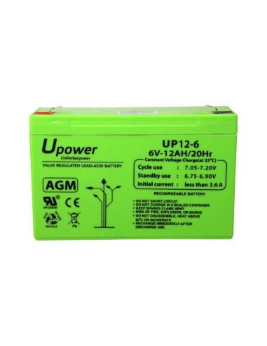 UPOWER - BATERÍA RECARGABLE - TECNOLOGÍA PLOMO ÁCIDO AGM - VOLTAJE 6 V - CAPACIDAD 12.0 AH - 100 X 151 X 51 / 1800 G - PARA RESP