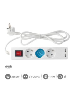 BASE MULTIPLE 3T + 2 USB + INT. (3X1.5MM) 1,4M BLANCA