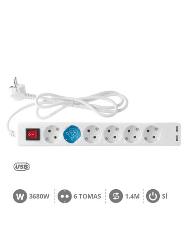 BASE MÚLTIPLE 6T + 2 USB + INT. (3X1.5MM) 1,4M BLANCA