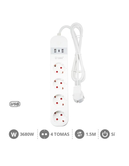 BASE MULTIPLE INTELIGENTE 4T + 2 USB + TIPO C (3X1.5MM) 1,5M