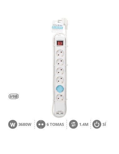 BASE MULTIPLE 6T + 2 USB + INT. (3X1.5MM) 1,4M BLANCA