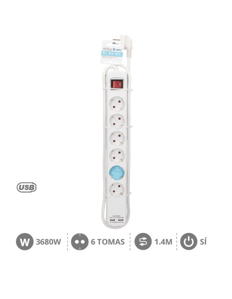 BASE MULTIPLE 6T + 2 USB + INT. (3X1.5MM) 1,4M BLANCA