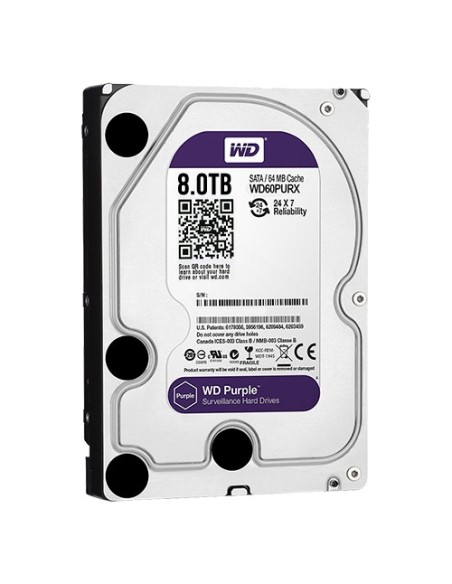 DISCO DURO WESTERN DIGITAL - CAPACIDAD 8 TB - INTERFAZ SATA HASTA 215 MB/S - MODELO WD85PURZ - ESPECIAL PARA VIDEOGRABADORES - H