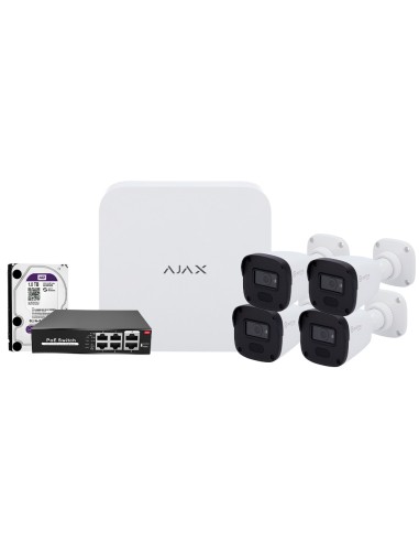 KIT DE VIDEOVIGILANCIA AJAX - GRABADOR AJAX DE 8 CANALES   - 4 CÁMARAS BULLET DE 2 MPX SAFIRE SMART  - SWITCH POE DE 4 CANALES -