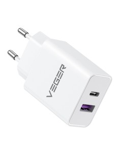 VEGER - USB CHARGER - POWER 65W | WITH GAN TECHNOLOGY - FAST CHARGING 2 DEVICES AT A TIME - OUTPUTS USB-A, USB-C  - WHITE COLOU