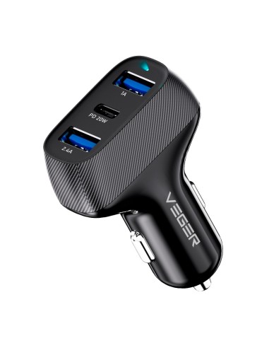 VEGER - MECHERO COCHE - POTENCIA 37W - CARGA RÁPIDA 20W - SALIDAS 2X USB-A, 1X USB-C - COLOR NEGRO