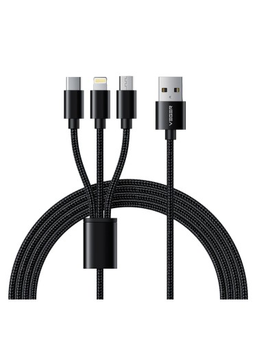 VEGER - CABLE USB 3 EN 1 - USB-A A USB-C, LIGHTNING Y MICRO-USB - CUBIERTA DE METAL, NYLON TRENZADO  - LONGITUD 1.5M - COLOR NEG