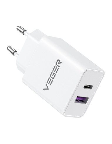 VEGER - CARGADOR USB - POTENCIA 30W - CARGA RÁPIDA  - SALIDAS USB-A, USB-C - COLOR BLANCO