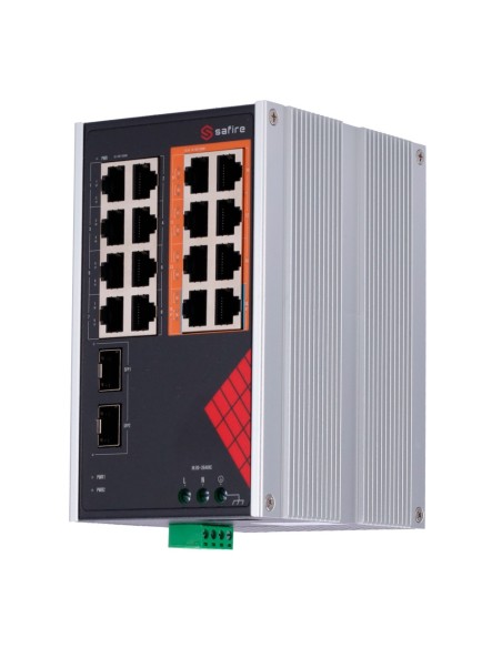 SAFIRE SWITCH INDUSTRIAL ALIMENTACIÓN AC Y DC - 16 PUERTOS GIGABIT + 2 SFP GIGABIT - 6 PUERTOS POE+ 30W + 2 PUERTOS HI-POE 60W -