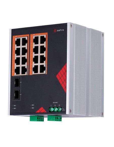 SAFIRE SWITCH INDUSTRIAL ALIMENTACIÓN AC Y DC - 16 PUERTOS GIGABIT + 2 SFP GIGABIT - 12 PUERTOS POE+ 30W + 4 PUERTOS HI-POE 60W