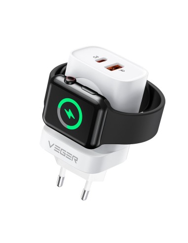 VEGER - CARGADOR USB E INALÁMBRICO (PARA IWATCH) - POTENCIA 25W - CARGA RÁPIDA 22.5W - SALIDAS USB-A, USB-C E INALÁMBRICA - COLO