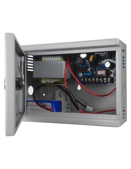 ALIMENTADOR PARA CONTROL DE ACCESO - CONFIGURABLE NO/NC - SALIDA DC 13.5V / 2A - CAJA DE METAL CON CERRADURA - BATERÍA AUXILIAR