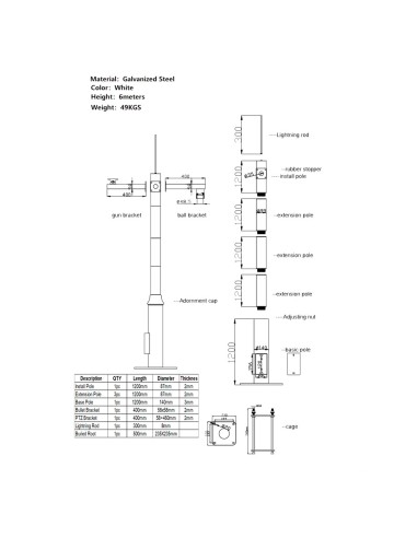BÁCULO PARA CCTV - 6 METROS DE ALTURA - FABRICADO EN ACERO GALVANIZADO - 5 PIEZAS DE 1,2 METROS QUE CONSTITUYEN EL POSTE - SOPOR