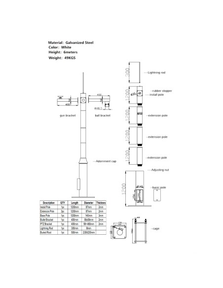 BÁCULO PARA CCTV - 6 METROS DE ALTURA - FABRICADO EN ACERO GALVANIZADO - 5 PIEZAS DE 1,2 METROS QUE CONSTITUYEN EL POSTE - SOPOR